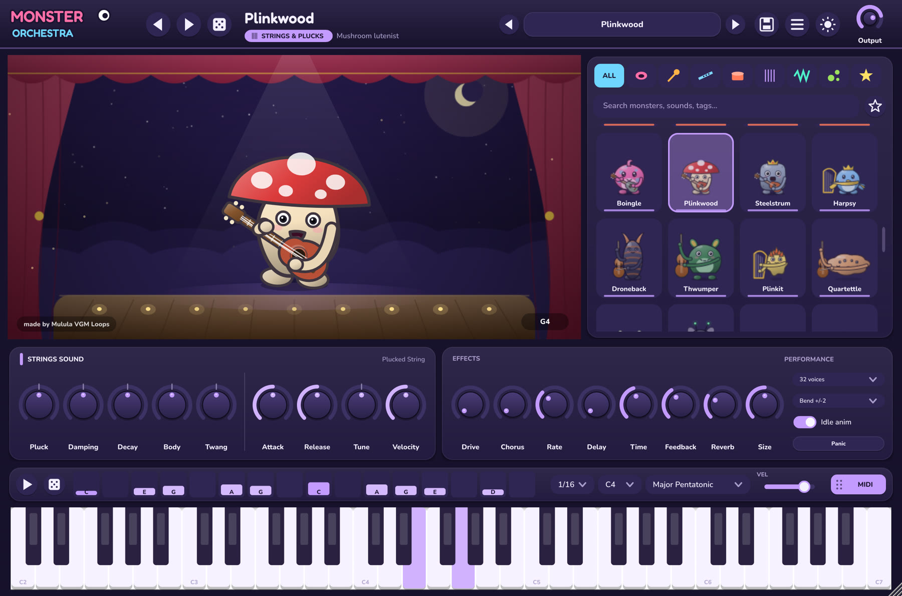 Janela do plugin Monster Orchestra com o Plinkwood no palco