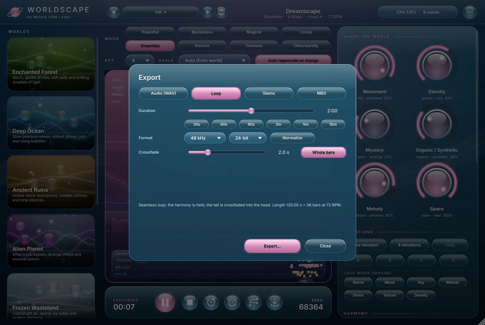 Export dialog: audio, loop, stems and MIDI